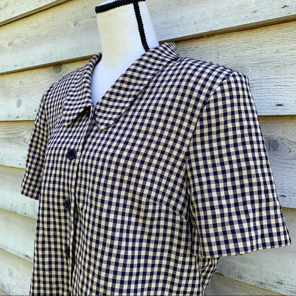 Vintage 80s Gingham Plaid Seersucker Button Up Short Sleeve Peter Pan Collar Top - Picture 5 of 16
